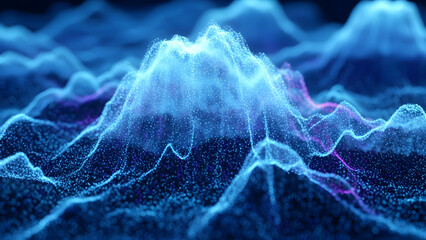 Abstract digital landscape of glowing particle waves representing data flow and network connectivity. isolated on white background
