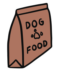 Cute hand drawn illustration of dog food bag for decoration, dog cartoon, comic, pet shop, vet, adopt and rescue animal, foster home, shelter, house, outdoors, backyard, grocery shopping, supermarket