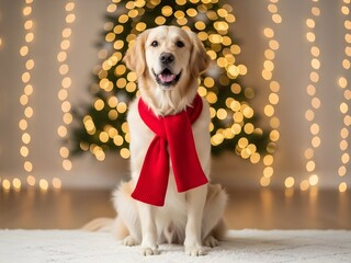 Golden Retriever dog wearing a red scarf in front of Christmas lights.