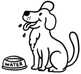 Cute hand drawn outline of puppy sitting with water bowl for decoration, dog cartoon, characters, comic, pet shop, vet, rescue animal, foster home, shelter, house, park, yard, playtime, colouring book