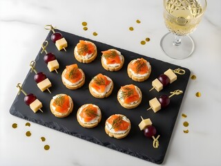 Elegant appetizer spread salmon canap?s, fruit skewers, and sparkling wine.