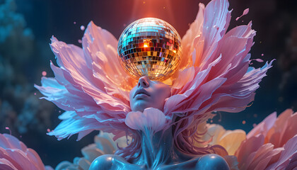 Dreamy surreal portrait featuring a woman with a disco ball above her head, framed by soft pink petals, evoking a sense of fantasy and vibrant energy