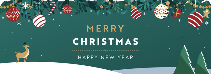 クリスマスオーナメントとトナカイで飾られたクリスマスのバナー背景テンプレート（緑）　Christmas banner background template decorated with Christmas ornaments and reindeer (green)