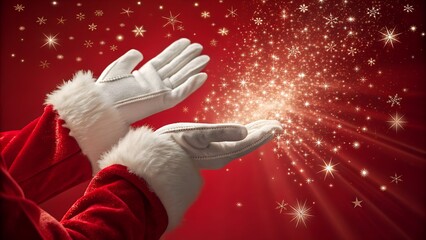  This radiant glow emanates from his palms, spreading across a rich red background that is also subtly adorned with various white snowflake designs