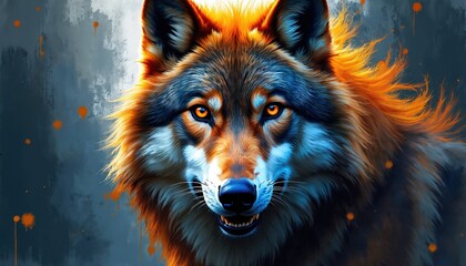 Expressive wolf portrait with vibrant orange and blue colors. Wild animal face shown with glowing eyes and detailed fur texture. Dynamic art for graphic design posters or wild nature themes.