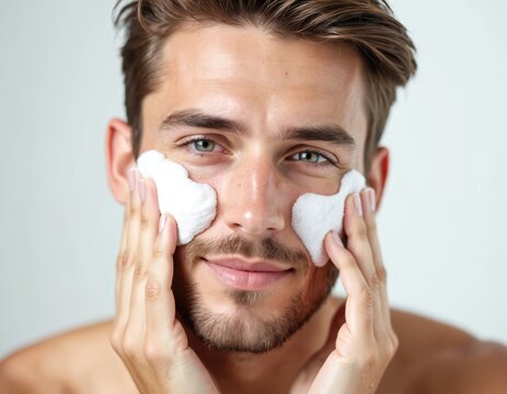 Handsome man cleanses face with soft sponges. Young male applies skincare routine at home. Person takes care about hygiene for healthy skin. Guy uses cosmetic sponges for morning facial wash.