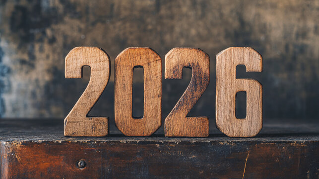 Rustic wooden 2026 numerals for new year celebrations and vintage designs projects
