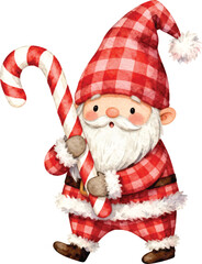 Watercolor Plaid Adorable Gnome Holding Candy Cane Christmas Illustration