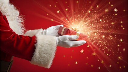 A magical and festive image of Santa Claus's gloved hands, dressed in his iconic red suit with white fur trim, holding a small, elegantly wrapped red gift box. From the gift, a burst of sparkling gold