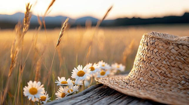 A straw hat rests on a wooden fence with daisies in a field at sunset. The golden hour light bathes the scene in a warm glow.