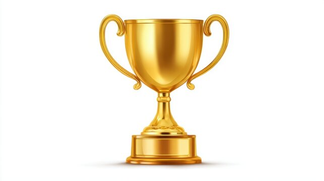 A shiny golden trophy with two ornate handles sits on a clean white surface. This trophy symbolizes victory achievement and excellence in various competitions and events.