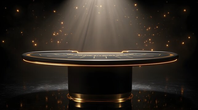 Empty poker table with golden accents under spotlight and falling glitter.