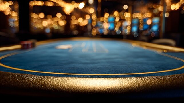 Empty poker table in a vibrant casino with blurred lights.