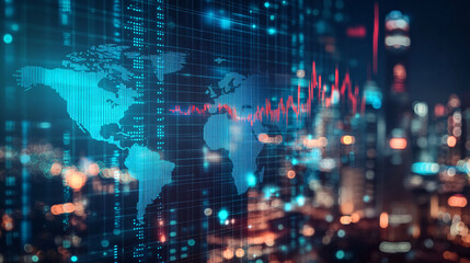 Global market analysis with world map overlayed on a dynamic cityscape view