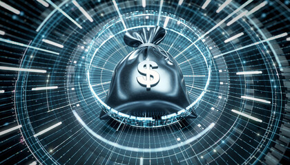 Financial Fortress: A futuristic, abstract image of a money bag emblazoned with the dollar symbol, nestled within a network of digital lines, representing financial security and investment.