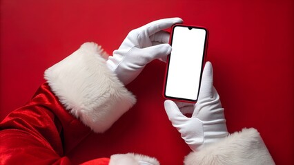  modern and festive flat lay showcasing Santa Claus's gloved hands, dressed in his traditional red suit with plush white fur trim, holding a smartphone with a blank white screen. 