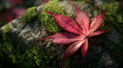 Vibrant red maple leaf resting on moss covered rock in autumn light