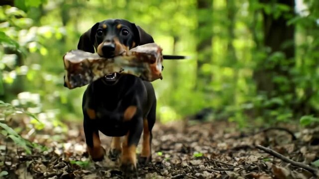 Happy Dachshund dog carries a bone while running in the green forest, outdoors.