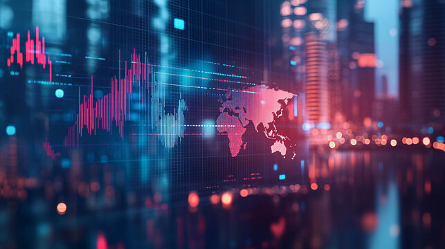 Global business network financial data analysis with a modern city background