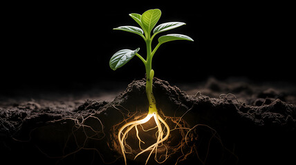 A vibrant green seedling emerges from dark soil, its glowing roots illuminated against a black background