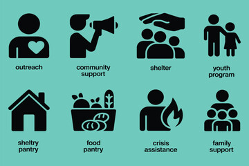 community support icons, vector set featuring outreach, shelter, food distribution, and family aid symbols, suitable for social welfare campaigns, nonprofit communications, volunteer programs.