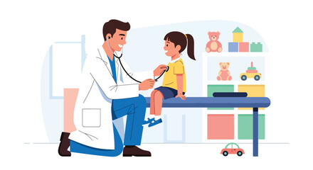 Pediatrician listening to a child’s heartbeat with a stethoscope during a friendly health examination. Ideal for clinic visuals and children’s healthcare illustrations
