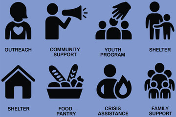 community support icons, including outreach, shelter, food assistance, and family aid, perfect for social services, nonprofit organizations, charity projects, and vector illustration design.