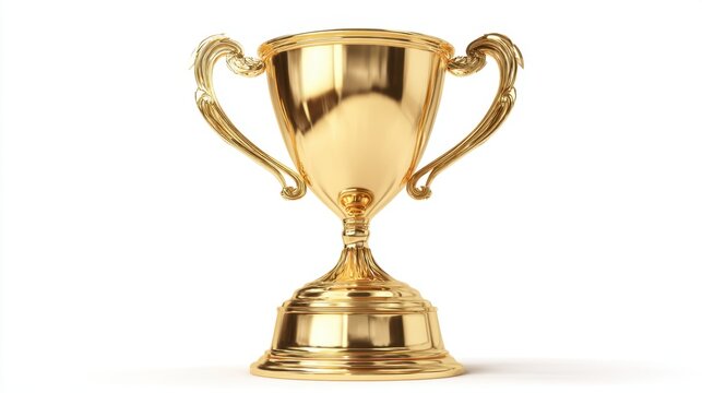 A shiny golden trophy stands prominently on a white background. Its intricate design and sturdy base symbolize recognition for outstanding achievement in various competitions or events.