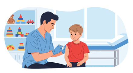 Doctor administering a vaccination shot to a calm child during routine immunization. Ideal for pediatric health campaigns and clinic education visuals