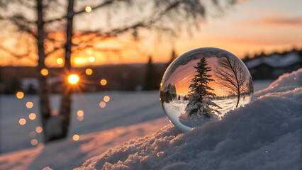 Lens ball reflecting a snowy winter landscape with a pine tree during a warm sunset, resting on a snowdrift outdoors