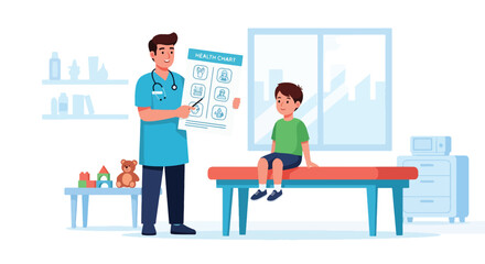 Doctor showing health tips to a child using a simple educational chart. Ideal for hygiene learning visuals, pediatric health campaigns, and school wellness materials