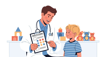 Doctor showing health tips to a child using a simple educational chart. Ideal for hygiene learning visuals, pediatric health campaigns, and school wellness materials