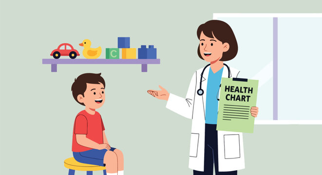 Doctor showing health tips to a child using a simple educational chart. Ideal for hygiene learning visuals, pediatric health campaigns, and school wellness materials