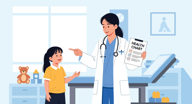 Doctor showing health tips to a child using a simple educational chart. Ideal for hygiene learning visuals, pediatric health campaigns, and school wellness materials