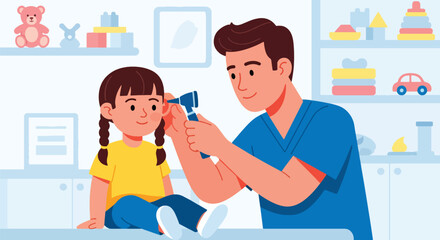 Doctor examining a child’s ear using an otoscope during a clinic checkup. Ideal for pediatric health illustrations, medical education, and wellness materials