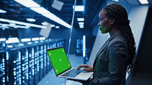 A focused Black businesswoman professionally operates a laptop with a green screen in a modern, glowing server room, managing complex data operations with serious intent.