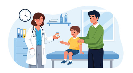 Pediatrician providing medicine instructions to child and parent. Ideal for caregiver education, pediatric clinic visuals, and safe medication designs