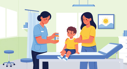 Pediatrician providing medicine instructions to child and parent. Ideal for caregiver education, pediatric clinic visuals, and safe medication designs