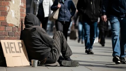 Vagrant in torn hoodie sitting on sidewalk with cardboard sign reading “HELP” as pedestrians walk by