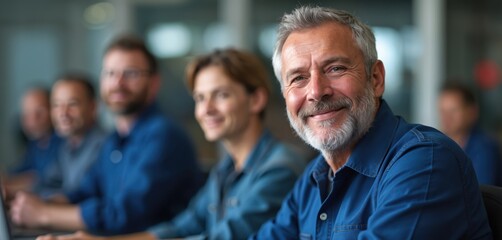Senior man with grey beard smiles looking forward. Group of diverse men sit at tables in class. Adults attend seminar learning new skills for better job.