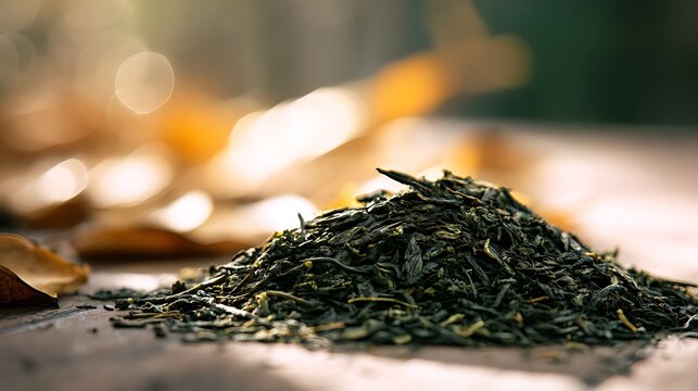 A close up view of vibrant green tea leaves with blurred autumn foliage - Powered by Adobe