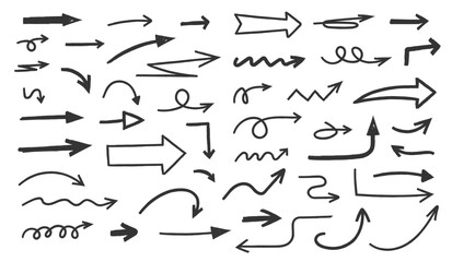 Collection of various hand drawn chalk sketched arrows featuring different shapes, curves, swirls, zigzags, and directions © PixMarket