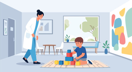 Child playing with toys in clinic waiting area as doctor approaches. Ideal for pediatric waiting room visuals, childcare themes, and friendly medical illustrations