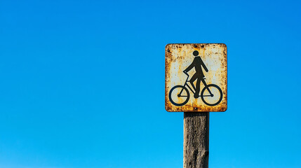 Rustic bicycle sign against a clear blue sky evokes feelings of freedom and travel