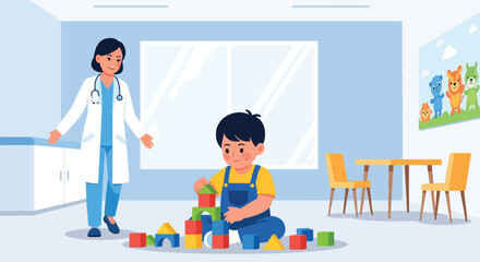 Child playing with toys in clinic waiting area as doctor approaches. Ideal for pediatric waiting room visuals, childcare themes, and friendly medical illustrations