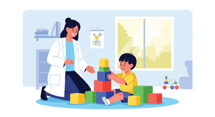 Child playing with toys in clinic waiting area as doctor approaches. Ideal for pediatric waiting room visuals, childcare themes, and friendly medical illustrations