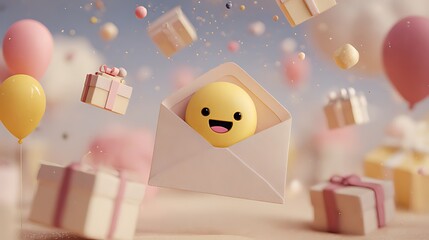 A cheerful yellow emoji in an envelope with floating gifts and balloons