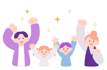 家族で喜びを分かち合うガッツポーズ・万歳のイラストセット