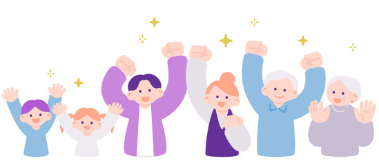 万歳とガッツポーズで喜ぶ人々のイラストセット