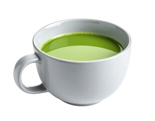 Hot green matcha tea in a white ceramic cup isolated on transparent background